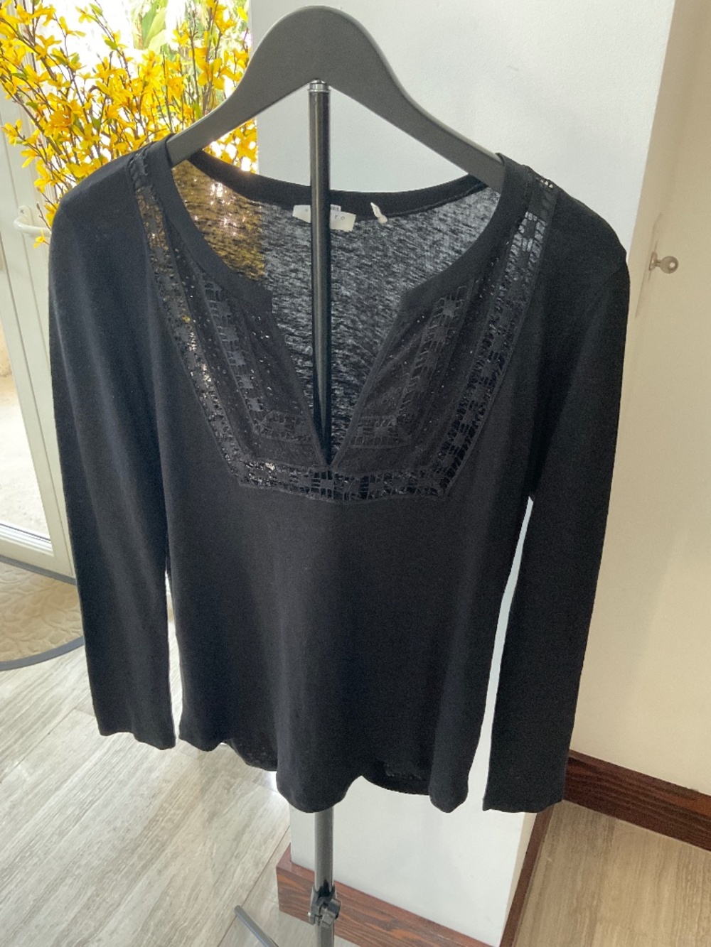 Sandro Black Linen Crochet V Neck Top- Size Medium